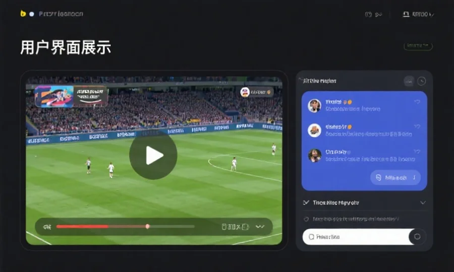 简洁的用户界面展示,显示一个清晰的视频播放器正在直播体育赛事,旁边有实时评论互动窗口
